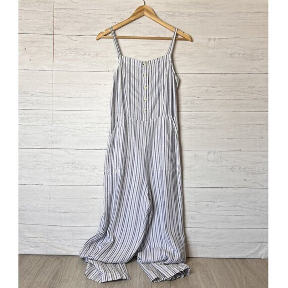 Old Navy Jumpsuit Womens SZ Small Blue & White Linen Blend Pockets Buttons Beach - Picture 1 of 15